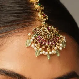 Abdesigns Gold-Tone Plated KempStone Studded And Beaded Temple Maang Tikka Headpiece-image-70