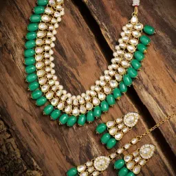 Zaveri Pearls Kundan & Dangling Green Beads Necklace Earring & Maangtikka Set-ZPFK9180-image-38
