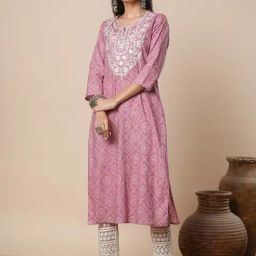 Fashor Pink Cotton Printed Three-Quarter Sleeves Kurta-image-24