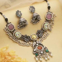 Saraf RS Jewellery Silver Oxidized Kundan Studded & Pearl Beaded Fusion Statement Jewellery Set-44