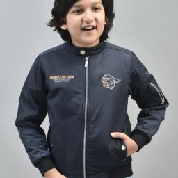 Crimsoune Club Kids Navy Blue Graphic Print Full Sleeves Bomber Jacket-image-1