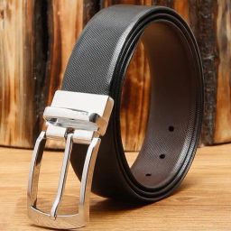Louis Stitch Black Textured Leather Reversible Belt for Men-picture-11