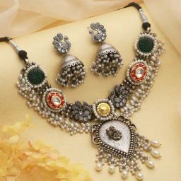 Saraf RS Jewellery Silver Toned Oxidized Pearl Beaded Fusion Choker Jewellery Set-image-84