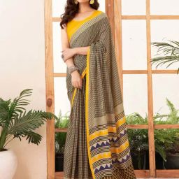 Satrani Black & Yellow Pure Cotton Printed Saree With Unstitched Blouse-image-41
