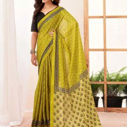 Satrani Lime Green Pure Cotton Printed Saree With Unstitched Blouse-picture-35