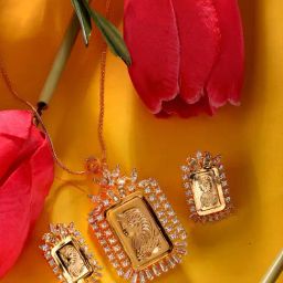 Saraf RS Jewellery Gold Toned AD Rectangular Ginni Pendant & Earrings Set-image-46
