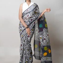 Unnati Silks Black & White Printed Saree With Unstitched Blouse-image-14