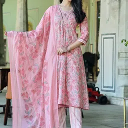 Anouk Floral Printed V-Neck Pure Cotton Kurta With Trousers & Dupatta-image-93