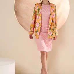 Antheaa Pink Round Neck A-Line Dress With Blazer-image-63