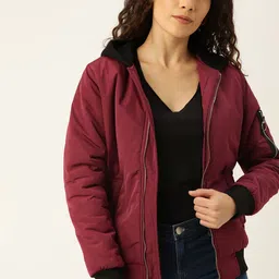 Campus Sutra Women Maroon Solid Puffer Jacket-image-105