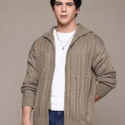 The Roadster Lifestyle Co. Hooded Cable Knit Front-Open Sweater-image-43