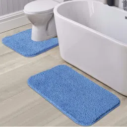 OBSESSIONS Anti-Skid Polyester Bath Mat and Contour Mat, Blue (Set of 2)-picture-46
