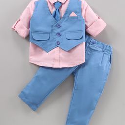 ToffyHouse Full Sleeves Solid Color Party Shirt With Attached Waistcoat and Pant Set - Blue-picture-6