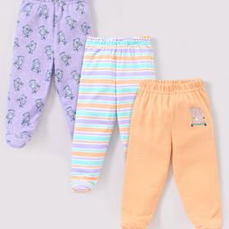 Babyhug Cotton Knit Bootie Leggings Hippo On Skates Print Pack of 3 - Aqua Purple & Orange-image-98