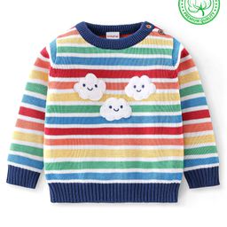 Babyhug Organic Cotton Knit Full Sleeves Striped Sweater with Clouds Applique - Multicolour-image-77