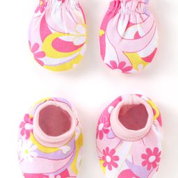 Babyhug 100% Cotton Knit Mitten & Booties Floral Print - Pink-image-54