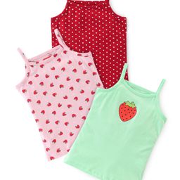 Babyhug 100% Cotton Knit Sleeveless Slips Strawberry & Dotted Print Pack of 3- Red Pink & Green-image-85