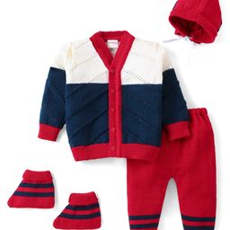Babyhug Knit Full Sleeves Front Open Sweater & Pant Set with Cap and Booties Colour Block  Design - Red & Navy Blue-picture-10