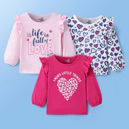 Doodle Poodle 100% Cotton Single Jersey Knit Full Sleeves Top With Frill Detail & Hearts Print Pack of 3 - Pink-picture-35