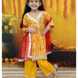 BownBee Pure Cotton Three Fourth Sleeves Abstract Printed Angrakha Kurta With Pant & Dupatta - Yellow-picture-15