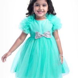 Babyhug Woven Ruffled Sleeves Rhinestone Embellished Party Dress with Bow Applique & Sequin - Sea Green-image-100