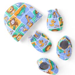 Babyhug 100% Cotton Interlock Knit Animal Printed Cap Mittens & Booties Set - Blue-image-35
