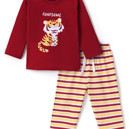 Doodle Poodle 100% Cotton  Knit Full Sleeves  Striped & Tiger Printed Night Suit - Red & White-image-33