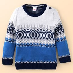 Babyhug Knitted Full Sleeves Pullover Sweater With Chevron Design - White & Blue-image-93