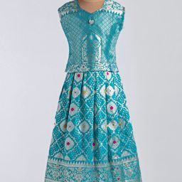 Bhartiya Paridhan Silk Woven Sleeveless Foil Printed Choli Lehenga Set - Turquoise-image-67