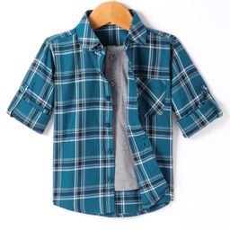 Rikidoos Full Sleeves Checked Shirt With Attached Tee - Peacock Blue & Grey-image-58