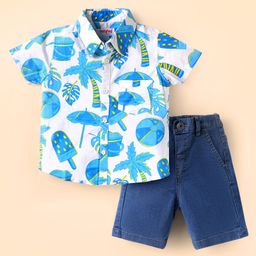 Babyhug Cotton Woven Half Sleeves Tropical Theme Printed Shirt & Solid Denim Jeans Set - White & Blue-image-39