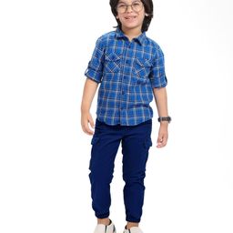 Babyhug Cotton Woven Full Sleeves Chekered Shirt & Joggers Set - Blue-image-50