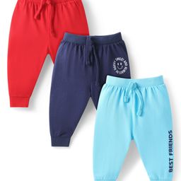 Babyhug Cotton Knit Full Length Text Printed Lounge Pants Pack of 3 - Aqua Blue Navy & Red-image-35