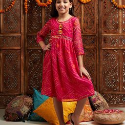 Pspeaches Georgette Three Fourth Sleeves Bandhani Designed& Lace Embellished Dress - Magenta-image-44