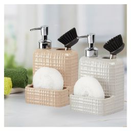 KOOKEE Ceramic Soap Dispenser for handwash for Bathroom, Beige/Grey, (Set of 2) (11023) 300 ml-3