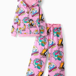 ollington st. disney Olington St.Disney Single Jersey Knit Full Sleeves Hooded Sweatshirt & Wide Leg Pant Set With Disney Princess Print - Pink-picture-33