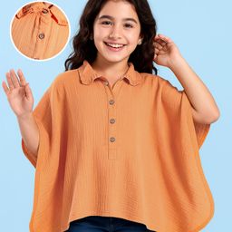 Arias Cotton Woven Half Sleeves Kaftan Style Solid Color Top with Frills Detailing at Collar - Orange-image-38