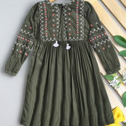 Bella Moda Cotton Three Fourth Sleeves Floral Embroidered Dress - Green-image-89