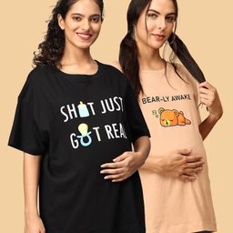 The Mom Store Pack Of 2 Half Sleeves Shit just Got Real Text & Teddy Bear Printed Oversized Maternity Tees - Sand & Black-image-34
