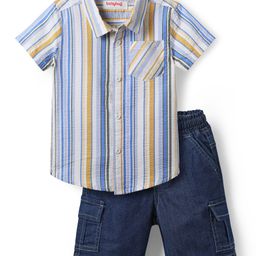 Babyhug Cotton Knit Half Sleeves Shirts & Short Set with Stripes - Navy Blue-image-71