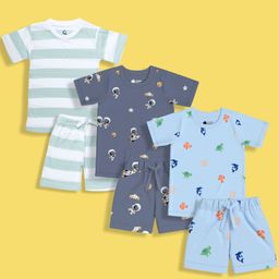 Orange Sugar 100% Cotton Knit Pack of 3 Half Sleeves Space Theme & Sea Life Printed Tees & Coordinating Shorts Set - Multi Colour-image-25