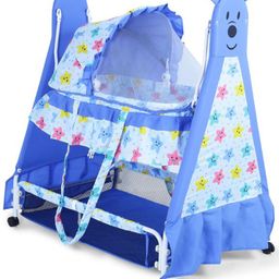 Infanto Happy Angel Baby Cradle Deluxe Swing Totil Ghodiya Palna Jhula Basket Hammock Style Foldable Net Cover Anti Skid Pad 0 to 12 Months - BLUE-15