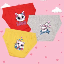 NUSYL Cotton Pack Of 3 Bunny & Cat Face Printed Panties - Red Grey & Yellow-image-71
