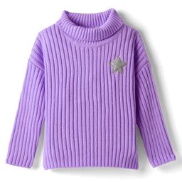 Babyhug Knitted Full Drop Shoulder Sleeves Skivi Sweater With Star Patch - Purple-image-32
