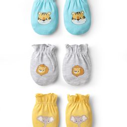 Babyhug 100% Cotton Knit Mittens with Animal Print Pack of 3 - Yellow Aqua Blue & Grey-image-17