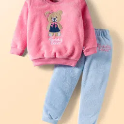 BUMZEE Knit Full Sleeves Winter Wear Bear Embroidered Sweatshirt & Jogger Set - Pink & Sky Blue-picture-37