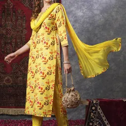 GoSriKi Kaleping Floral Printed Round Neck Straight Kurta With Trousers & Dupatta-12