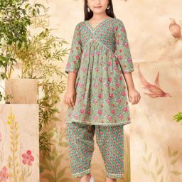 Aarika Kids Green Cotton Printed Kurti, Patiala & Salwar-image-79