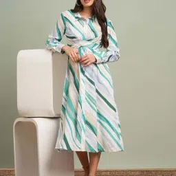 Globus Women Green Collared Neck Cuffed Sleeves Abstract Print Tie-Up Detail Midi Shirt Dress-picture-4