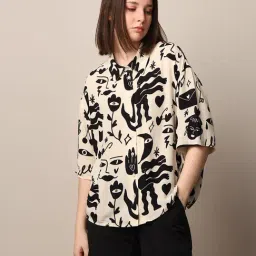 Only Beige & Black Viscose Printed Shirt-image-39